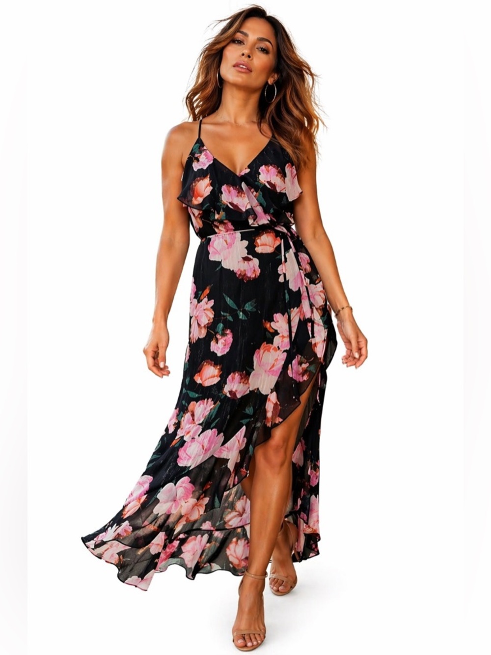 Jennifer Lopez Black Floral Maxi Dress with Pink Flowers